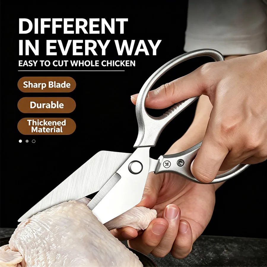Multifunctional Stainless Steel Kitchen Scissors, Household Shears with Bone Cutter & Nut Cracker for Cutting Chicken Fish