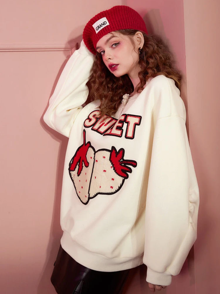 Zoki Pure Cotton Strawberry Sweatshirt Women Vintage Streetwear American Pullovers Oversize Loose Long Sleeve Female Cute Tops