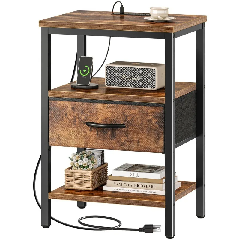 

bedside table with charging seat, bedside with fabric drawer, bedroom bedside with three layers of storage side