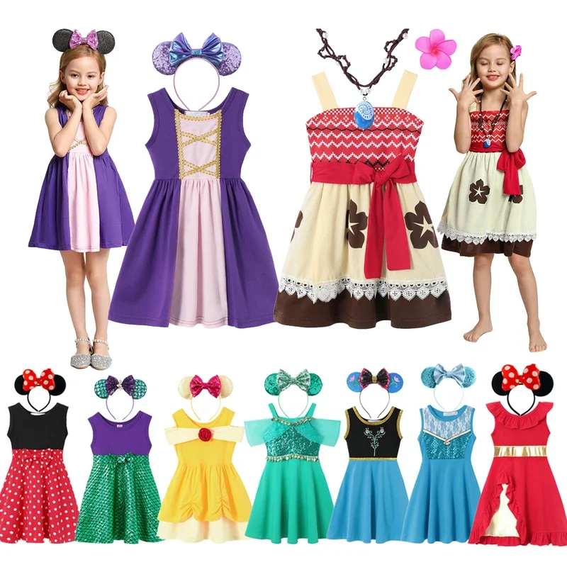 Disney girls summer casual dress Rapunzel Moana dress Anna Elsa princess Belle cute Minnie Mouse kids birthday party costume