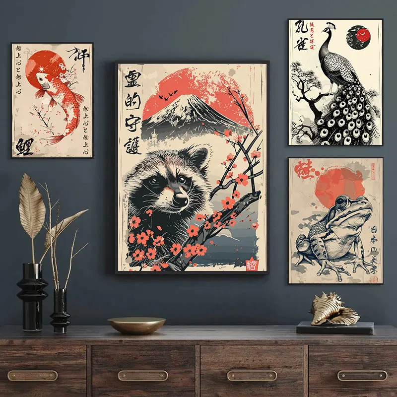 Vintage Japanese Animals Pray For Blessings Posters Prints Illustration Canvas Painting Wall Art Picture Living Room Home Decor