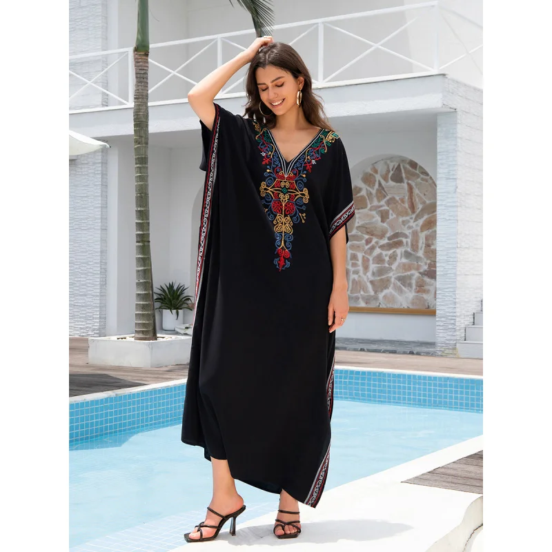 Black Embroidery Print Sexy V-neck Loose Kaftan Dress 2024 Summer Women Causal Beach Wear Holiday Maxi Dresses