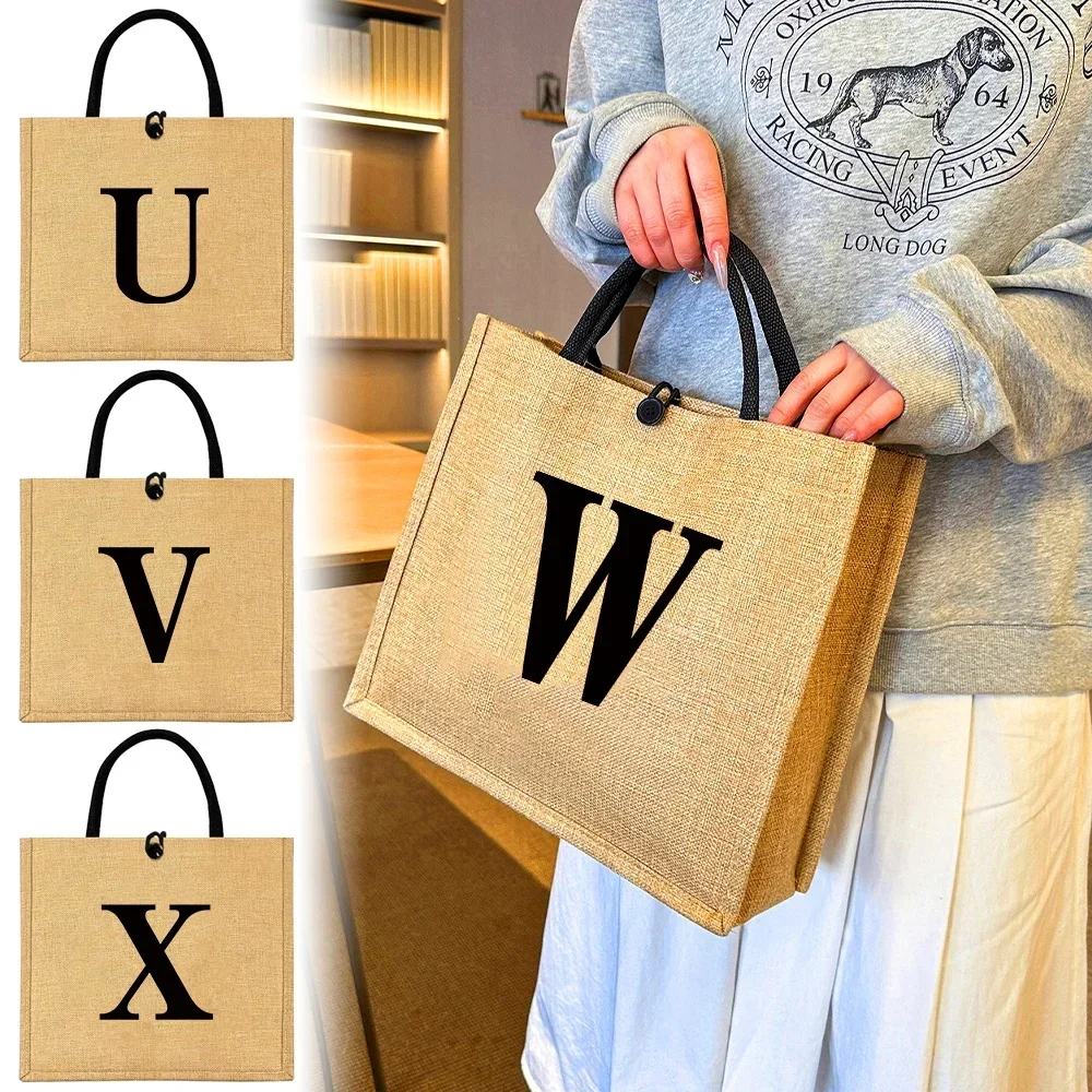 

Linen Bag Button Handbag Organizer Storage Jute Tote Bags Imitation Cotton and Women Shopping Portable Black Printing Series