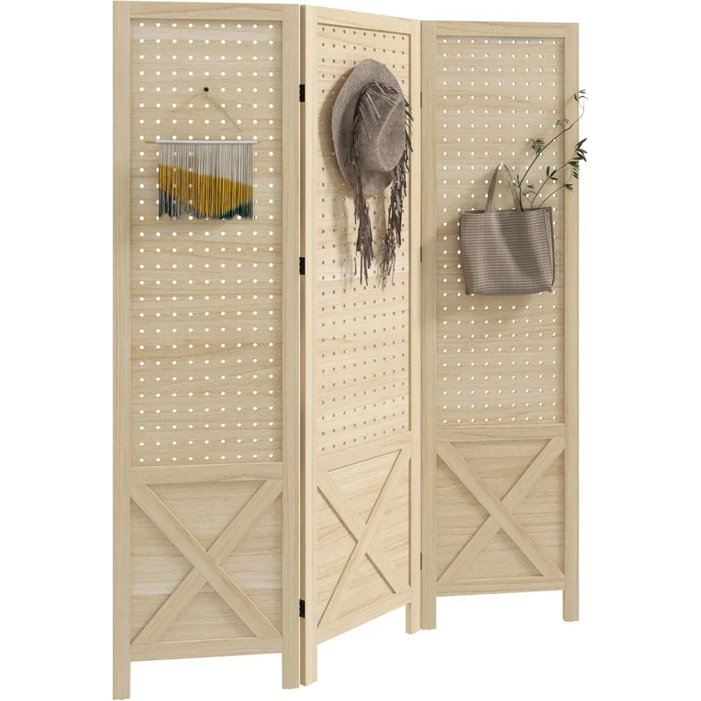 Pegboard Display Room Divider, Wood Indoor Portable Folding Privacy Screen, Partition Wall Divider for Home Office