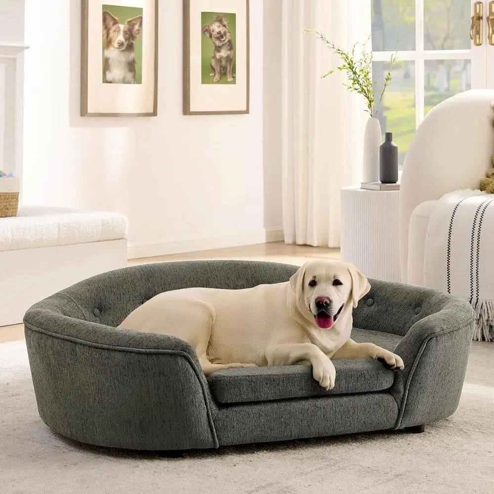

Oval Semi-Enclosed Linen Dog Sofa Bed with Soft Cushion for Medium Dogs in Grey