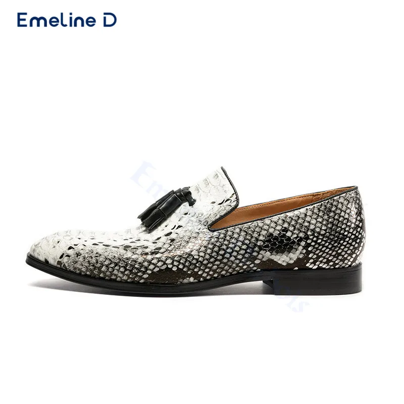 Black and White Snake Pattern Loafers Black Tassel Slip-On Leather Casual Shoes Large Size Business Formal Daily Men's Shoes