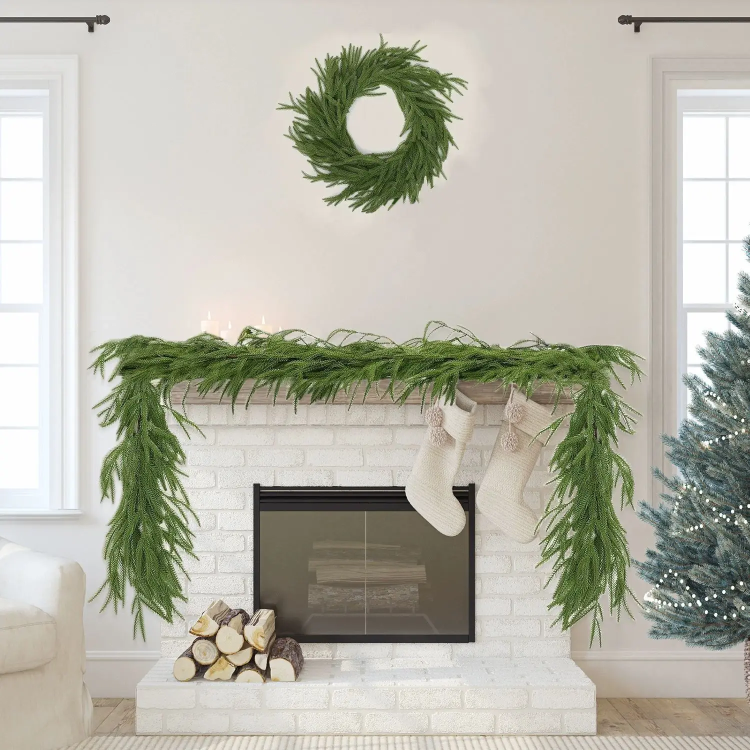 

Artificial Norfolk Pine Christmas Wreath Fake Green Garland Front Door Porches Fireplace Home Decor Christmas Decor