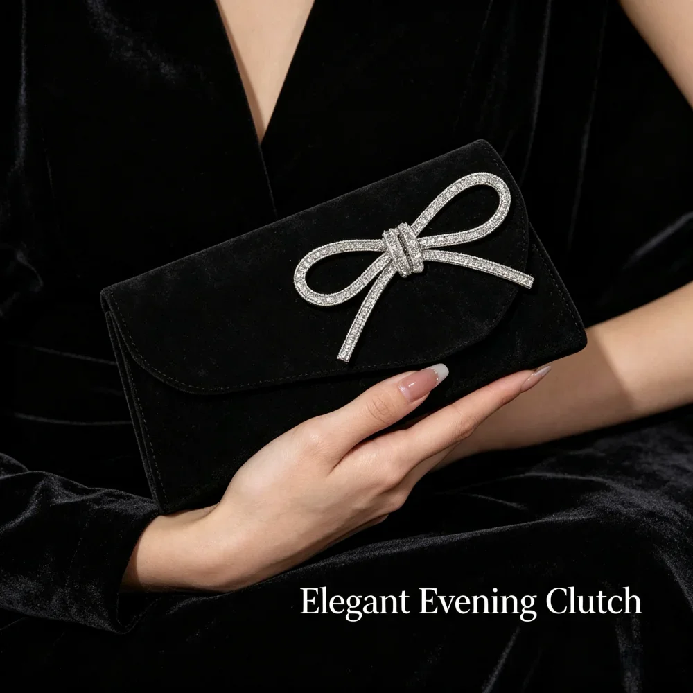 

Single Shoulder Evening Dress with Water Diamond Bow, Solid Color High End Hand Clutch, Wedding Banquet Party Formal Outfit
