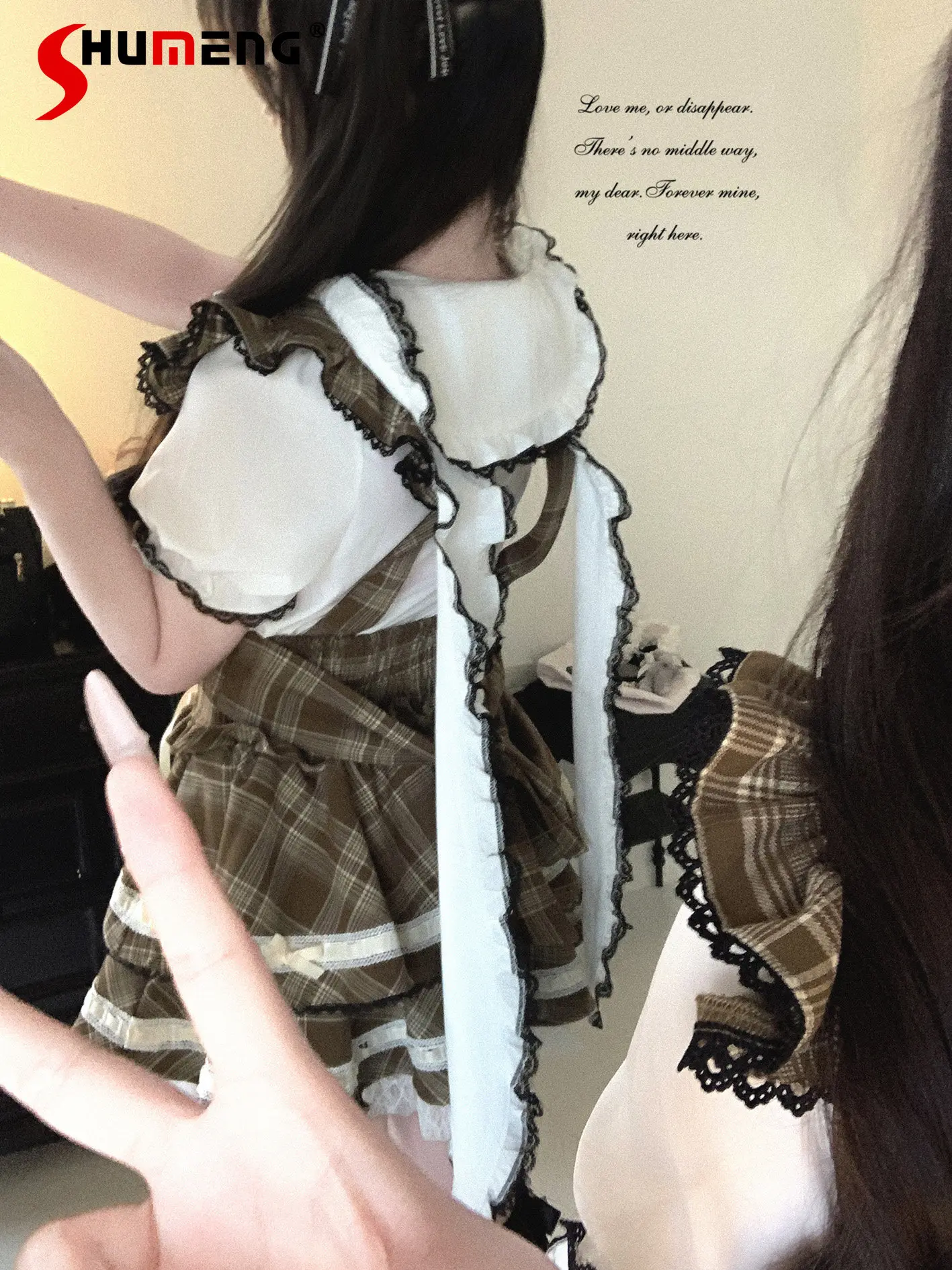 

Japanese Mines Style Subculture Rabbit Ear Doll Collar Lace Spliced Heart Single-breasted Sweet Versatile Lolita Shirt Top Woman