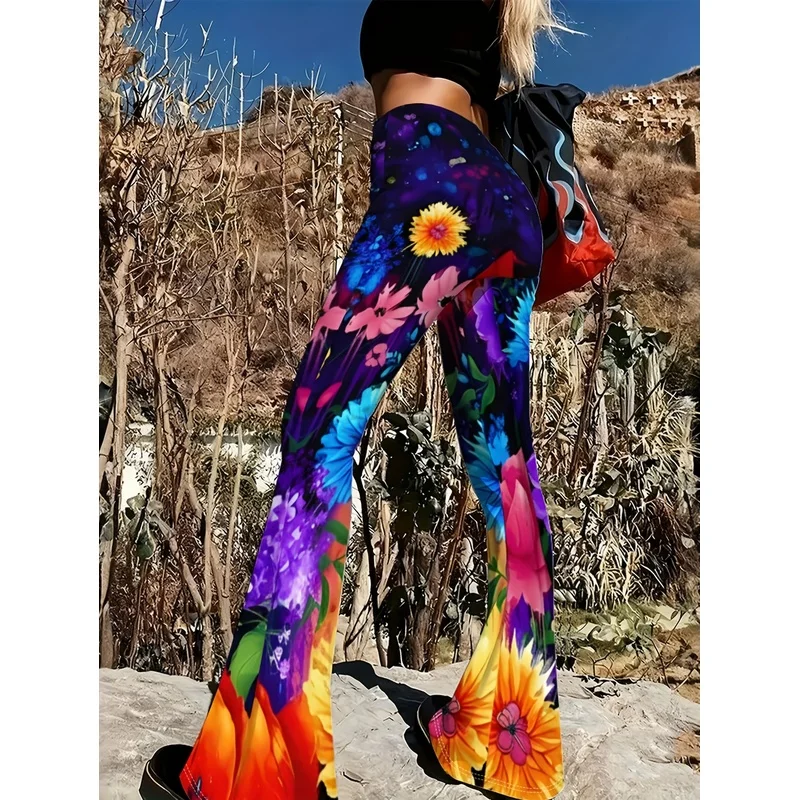Floral-patterned printed flared pants, suitable for daily casual wear of teenagers aged 7 to 16.