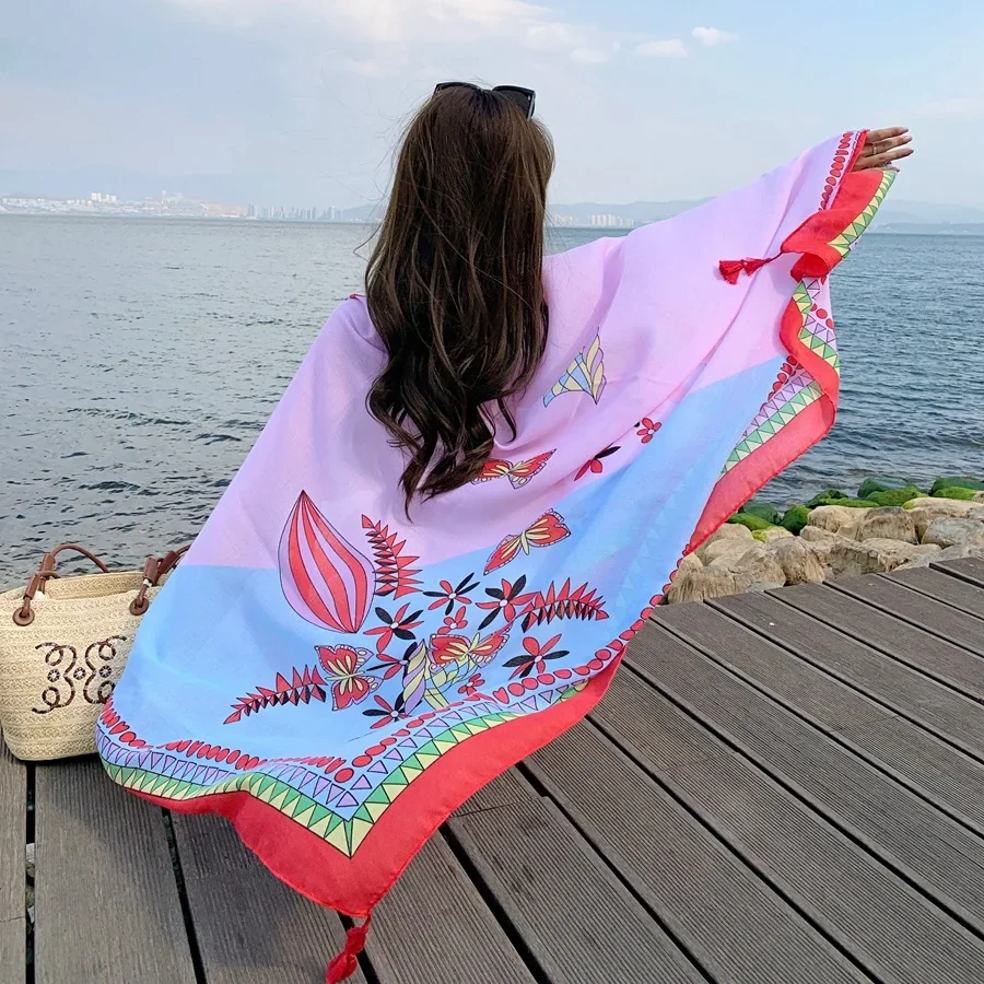 

Womens Scarf Luxury Shawls Foulard Beach Cover-ups Wraps Tassel Flower Printing Hijab Scarf Poncho Echarpes feminino Sarong