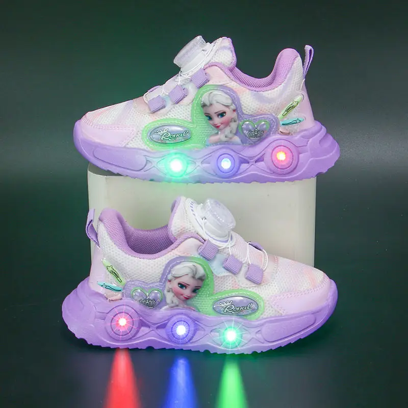 Disney LED Casual Sneakers Pink Purple For Summer Girls Frozen Elsa Princess Print Outdoor Shoes Children Lighted Non-slip Shoes