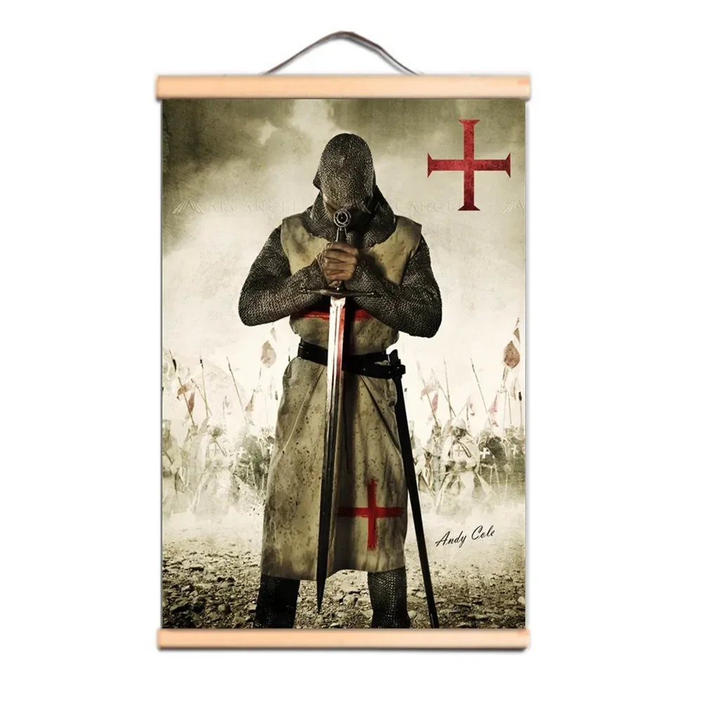 Unique Ancient Armor Warrior Scroll Posters with Solid Wood Axis Vintage Knights Templar Art Print Painting Military Fan Gifts