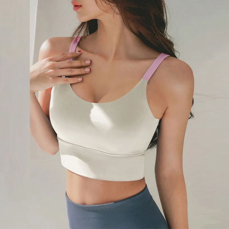 Women Color Block Cami Strap Sports Bra High Impact Shock Absorbing Built-in Fixed Cups Workout Bra for Running Yoga Fitness Gym