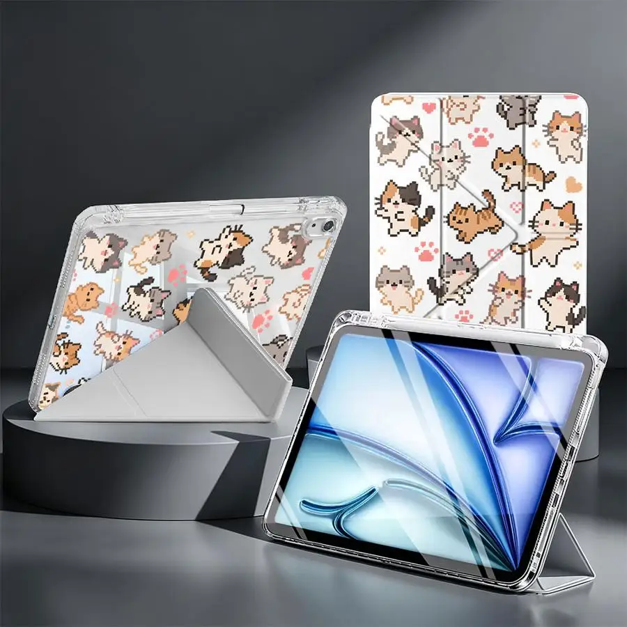 Cartoon Cat With Pen Slot Cover Tablet Case For iPad Pro 13 2025 2026 9th Mini 7 6 5 11th Air 8 M2 M3 3 10th Gen 12th