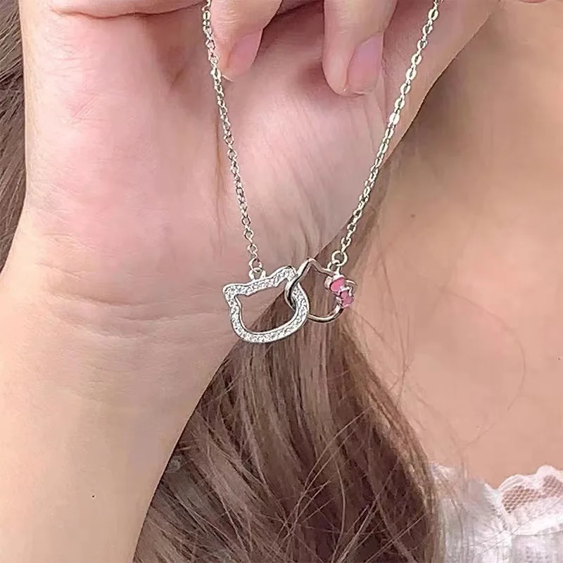 2024 Good Luck Interlocking Helloktty KT Cat Necklace Female Student Cute Double Ring Clavicle Chain Niche Design