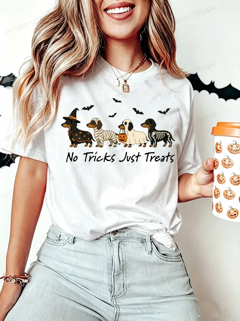 Camiseta de manga corta informal para mujer, ropa de Halloween, estampado gráfico de trucos o golosinas de perro teckel, camisetas de manga corta, regalos, 2026