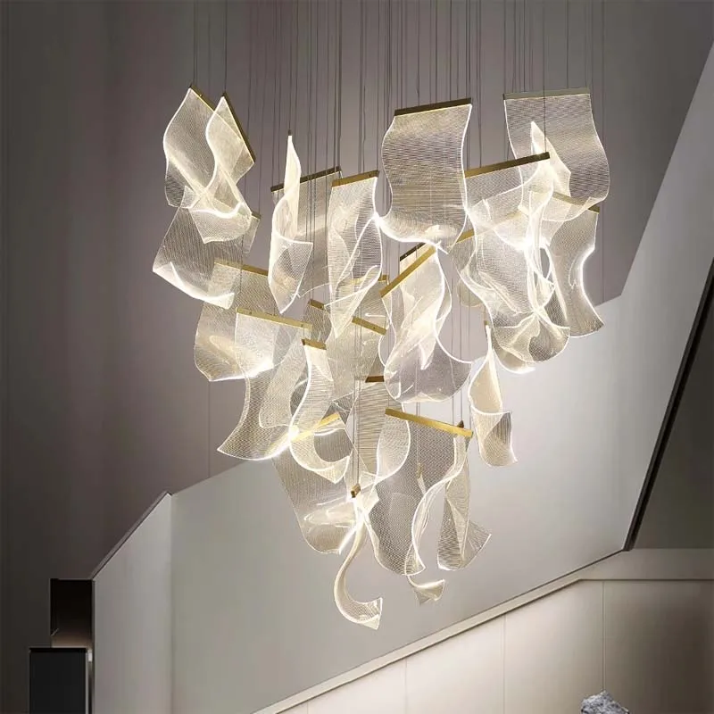 Modern Acrylic LED Chandelier for Staircase Living Room Luxury Creative Design Large Lighting Fixtures Gold Indoor Hanging Lamps