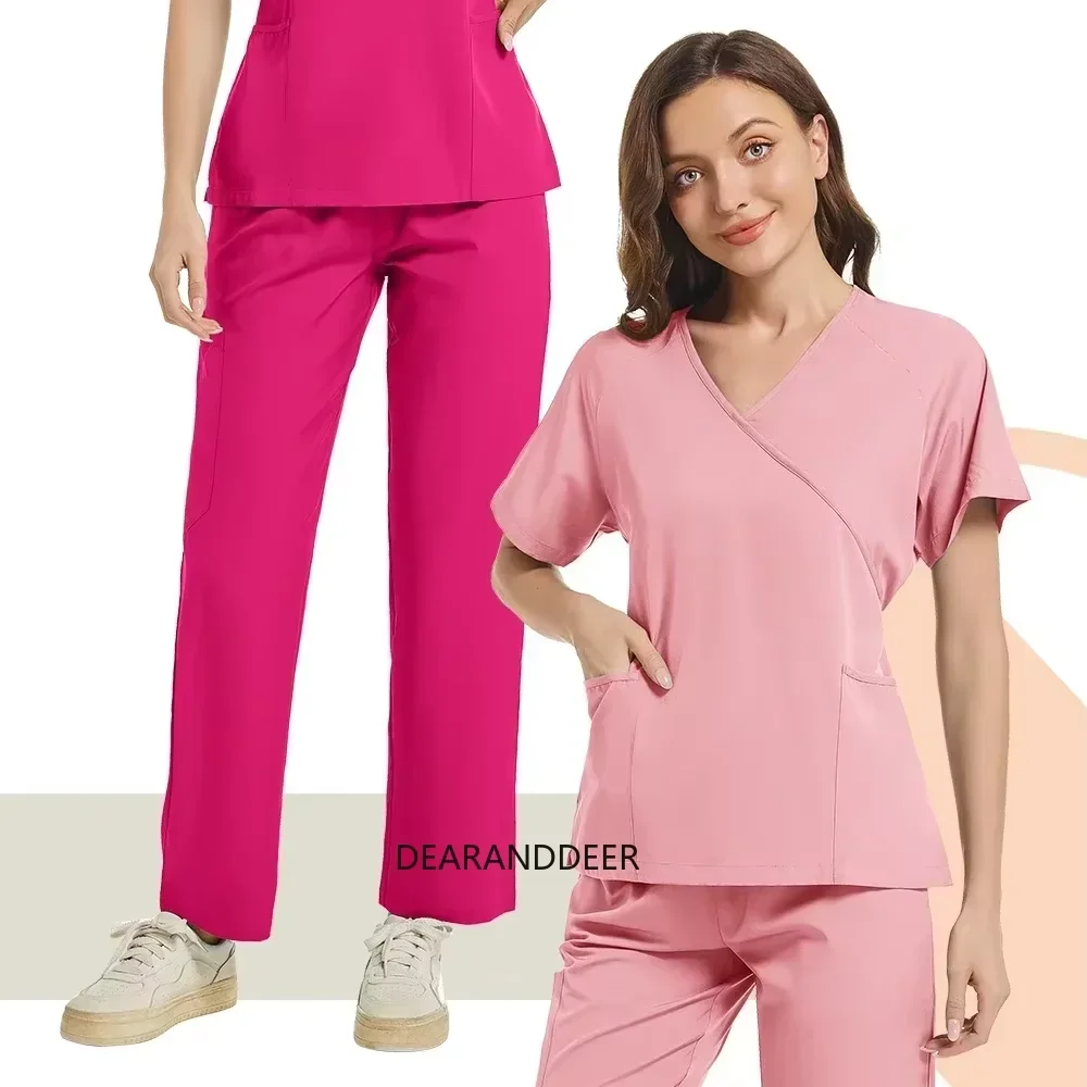 Surgical scrub care set doctor medical and dental clinic clinical laboratory beauty salon nurse uniform top+multi-pocket pants