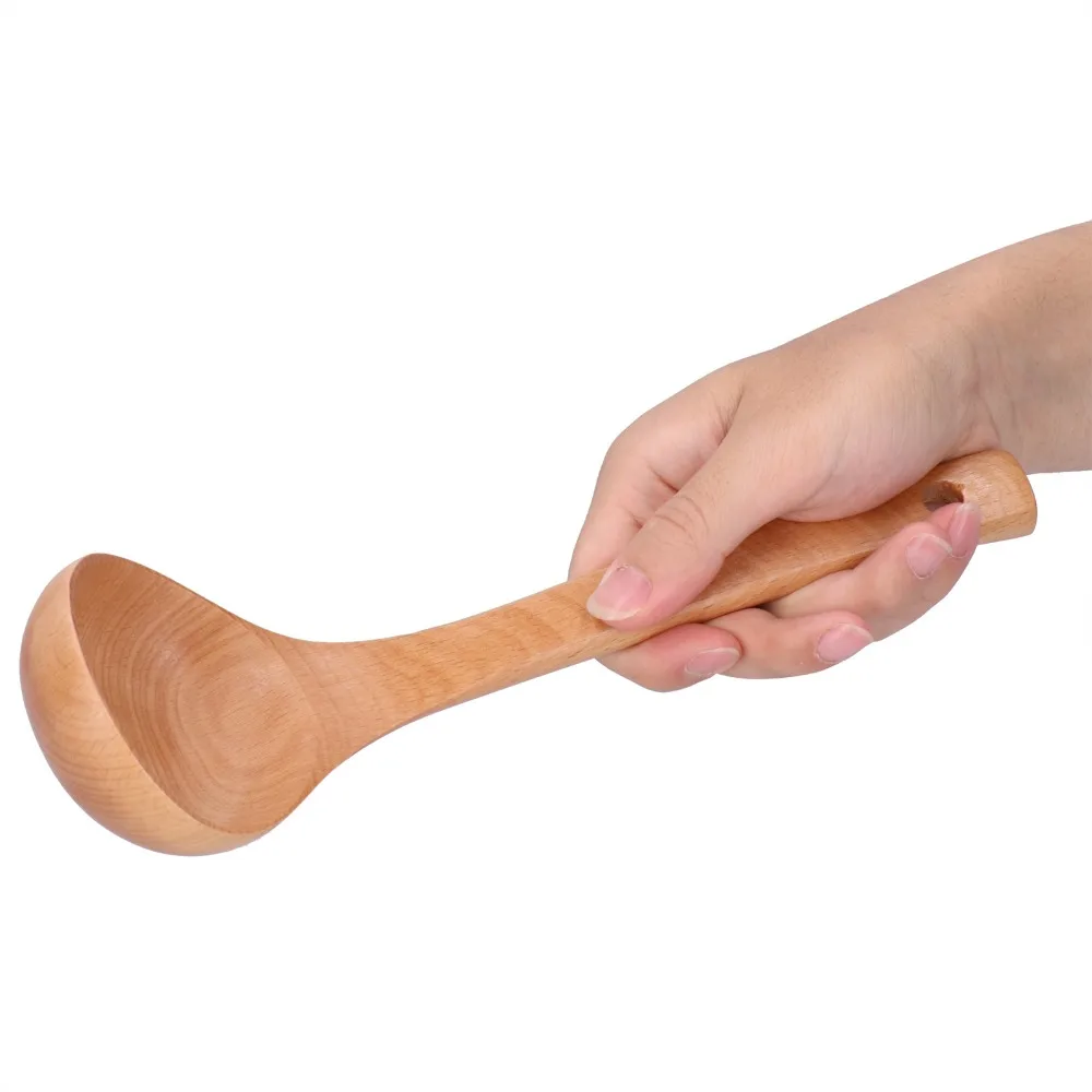 Solid Wood Wooden Spoon Wood Grain Texture Smooth Sanded Stirring Ladle Extra Long Handle Rounded Spoon Kitchen Spoon