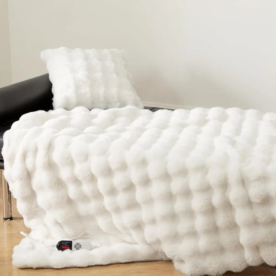 

Faux Fur Heated Blanket Throw White - Luxury Fluffy Rabbit Bubble Electric Blanket with 6 Heating Levels 4 Time Settings Ideal