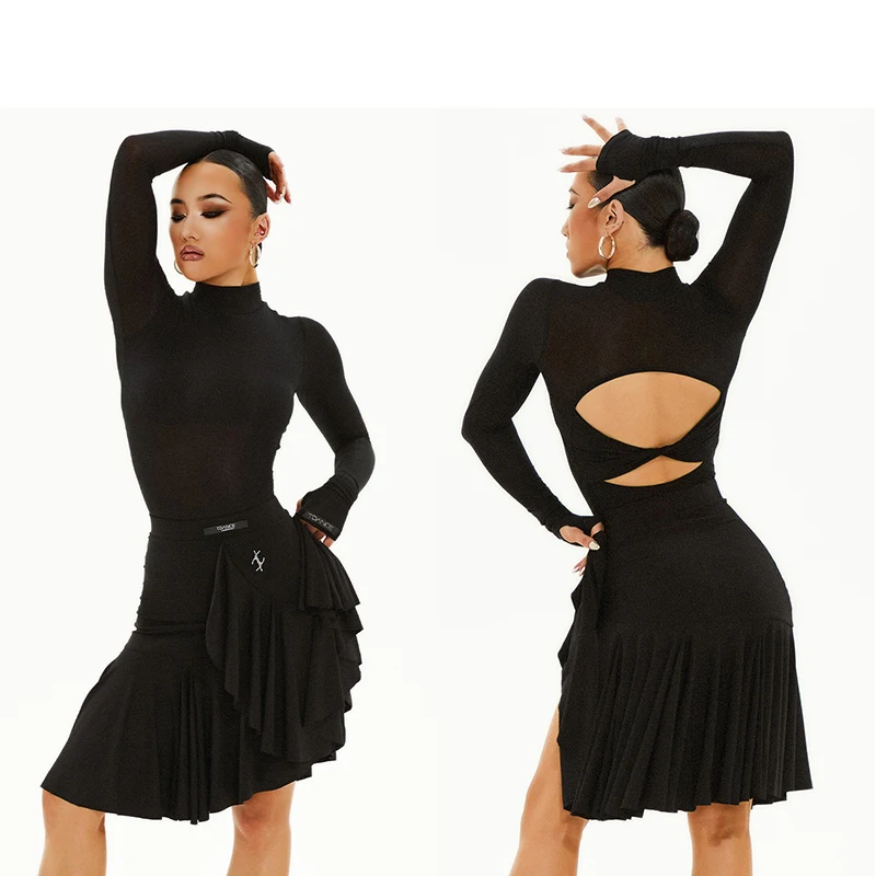 

2025 Modern Dance Tops For Women Small High Collar Long Sleeved Pracice Clothes Chacha Latin Dance Performance Shirts DQS18793