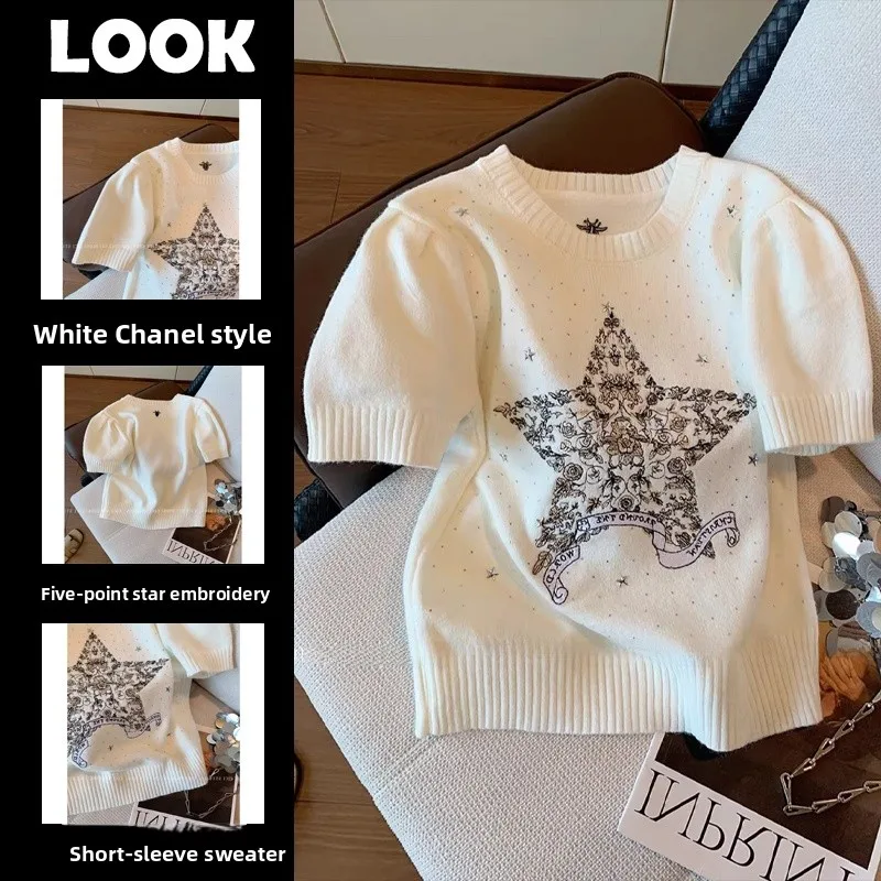 

Summer Women's Knitted ort Sve Embroidered Star White Top Luxury Sle Straight Cut Polyester Fiber round Ne Regular Fit