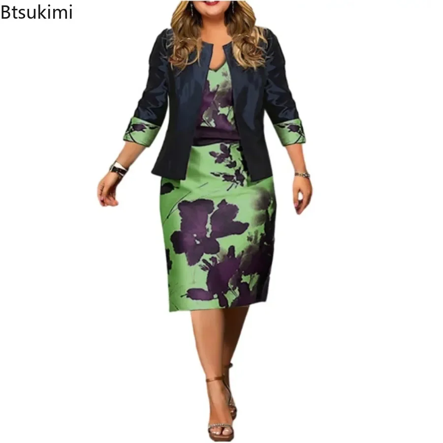 New Women Dress Sets Elegant Print Floral Higt Waist Wrapped Hip Dress and Solid Color Cardigan Tops 2 PCS Suit Office Lady Sets