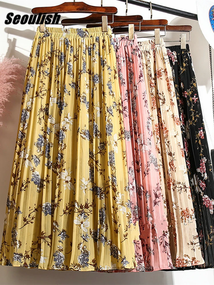 Seoulish Vintage Floral Printed Tulle Pleated Mi-long Women Skirts 2022 High Waist Female Chiffon Umbrella Skirts Spring Summer