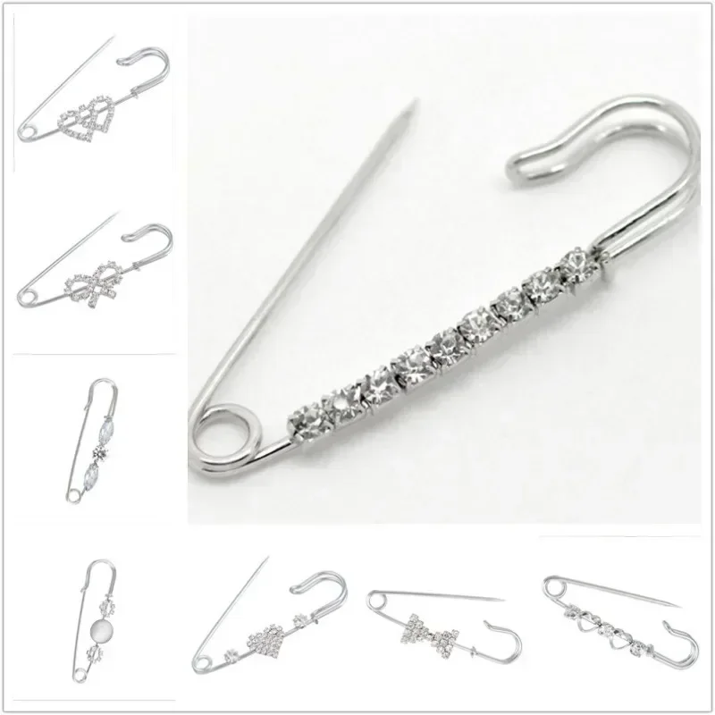 1/5/10pcs Silver Tone Rhinestone Safety Pins Large Nickel Finish Clothing Pins Jewelry Brooches Assorted for DIY Art Craft