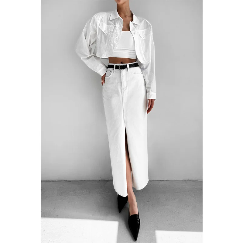 

Front-slit white denim skirt for women2026New stylish and trendy long straight pencil skirt