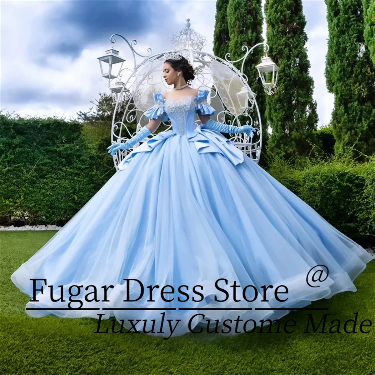 

Customized Sky Blue Princess Quinceanera Dresses Sexy Off The Shoulder Appliques Pleat Sweep Train Gown Vestidos de 15 quinceañe