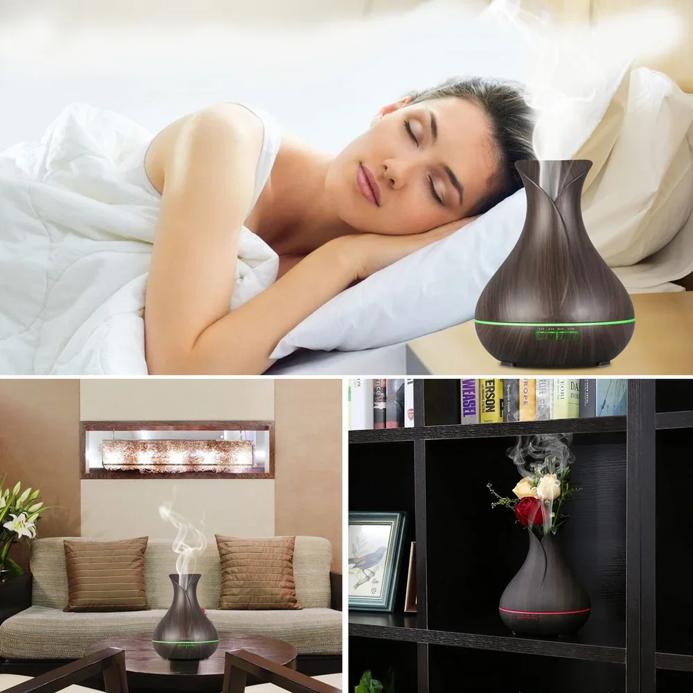 Air Humidifier 400ml Oil Aroma Diffuser Wood Grain LED Power-off Protection Night Light Timing 7 Colors Mist Sprayer for Spa