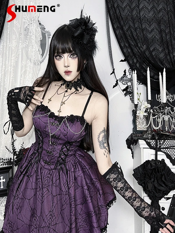 

Halloween Dark Gothic Vintage Sleeveless Sling Dress Women Subculture Sweet Hot Girl Lace Spliced High Waist Purple Short Dress