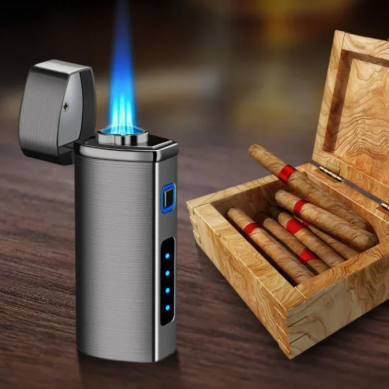 New 2024 Touch Sensing Metal Outdoor Windproof Electric USB Lighter Turbo Three Torch Blue Flame Jet Cigar Tool Gas Lighter Men