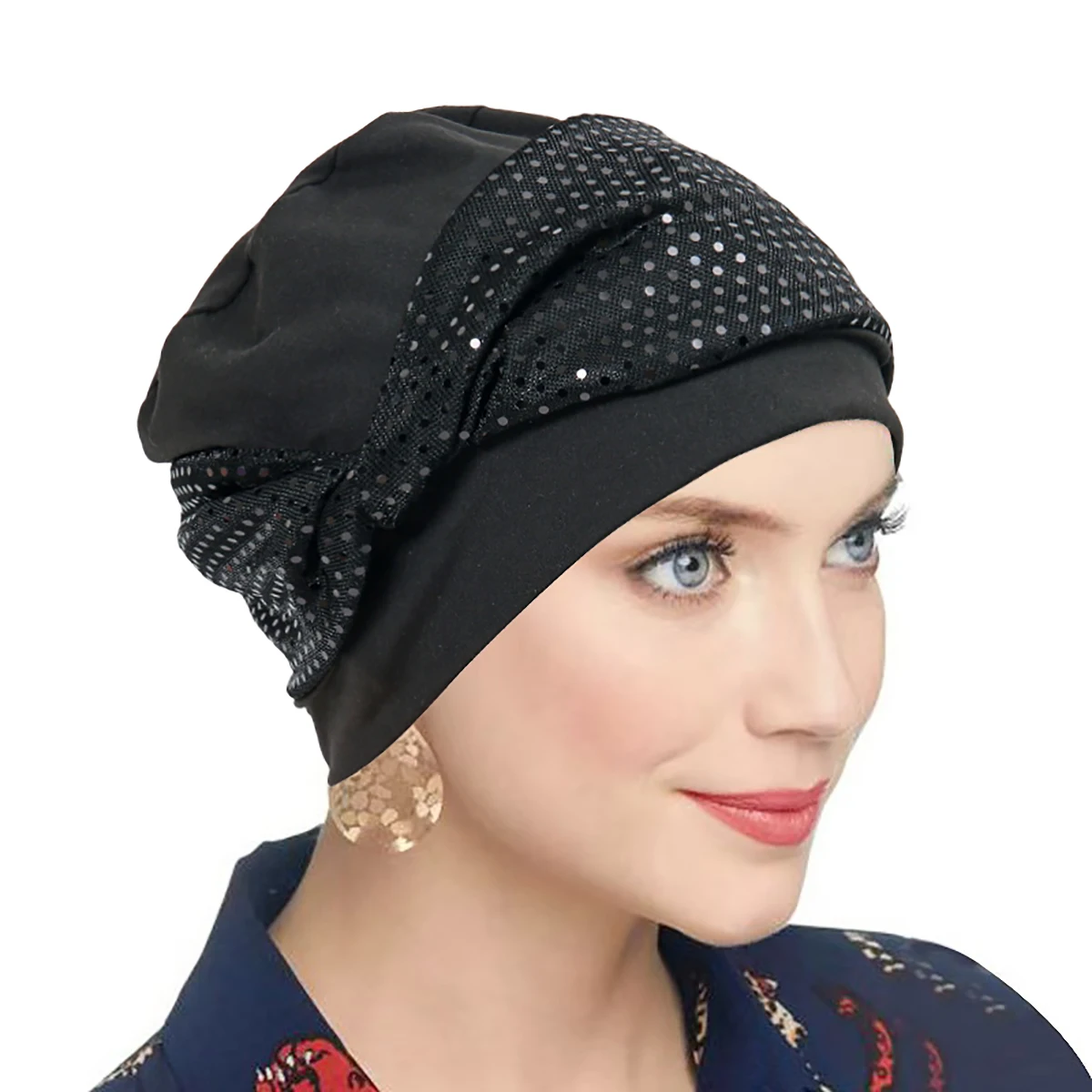 Turbantes de Moda com Lantejoulas em Cores Sólidas, Chapéus Hijab, Lenços de Cabeça, Chapéus de Cabeça Macios e Elásticos, Lenços Muçulmanos, Toucas para Quimioterapia para Mulheres e Meninas