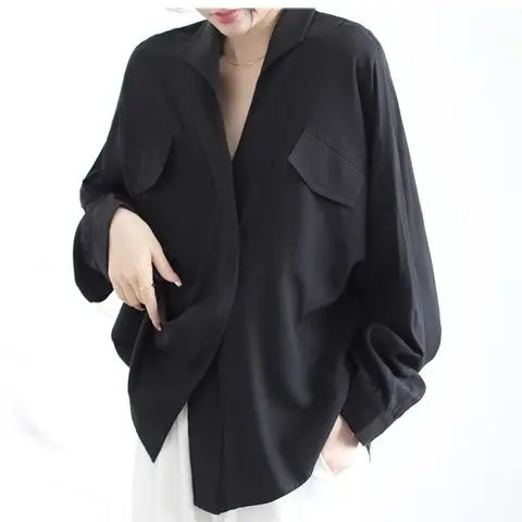 White long sleeved shirt for women with a niche design, V-neck loose and versatile top, casual autumn 2024 new