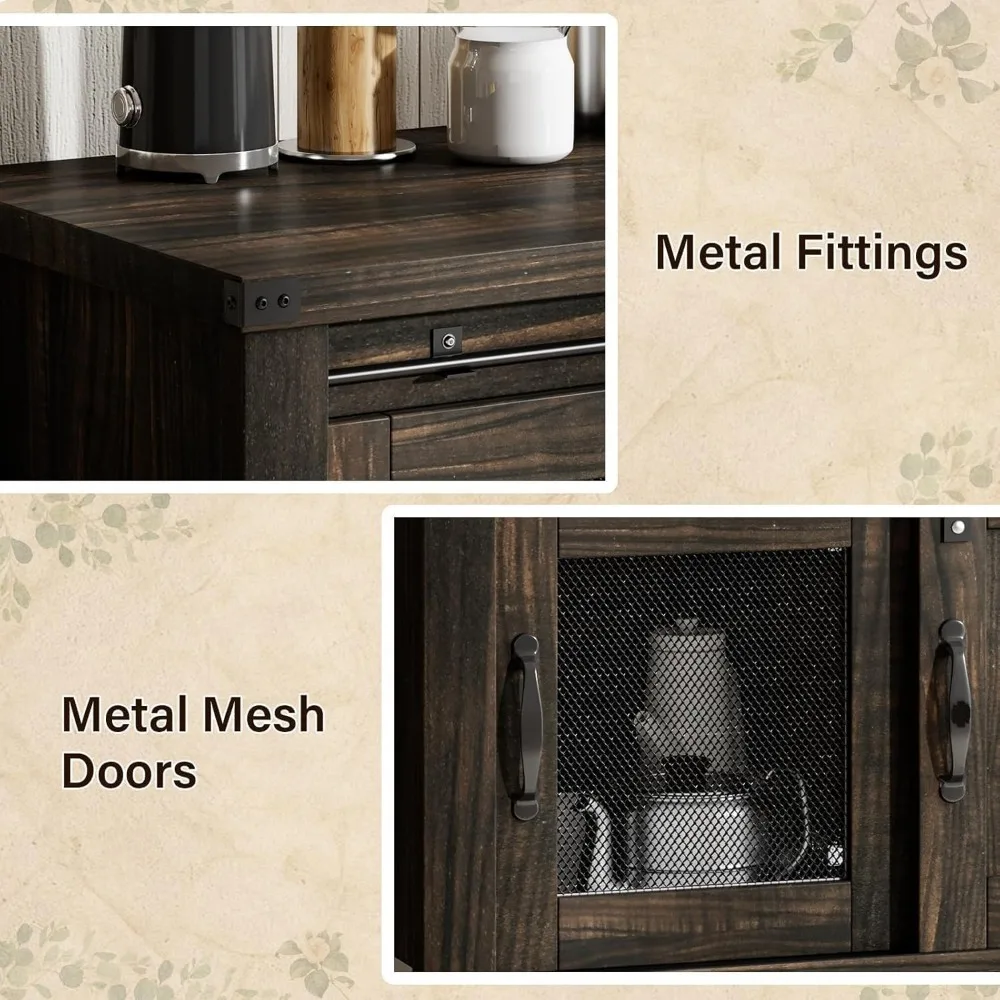 خزانة بار القهوة في المزرعة مع مساحة تخزين، طاولة بار القهوة 47 بوصة مع باب الحظيرة المنزلقة، خزانة بوفيه مع أبواب شبكية معدنية، #6