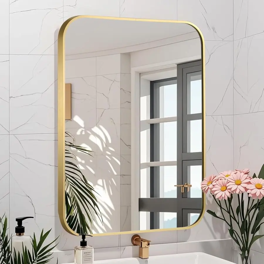 

Gold Mirror, 22x30 Rectangle Bathroom Mirror, Metal Frame Rectangle Corner Vanity Mirror, Wall Mounted Mirror for Modern, Living