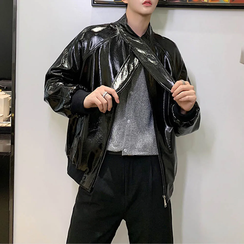 

Mens Motorcycle Shiny Strap Pu Leather Jacket Autumn Streetwear Niche Fashion Biker Youth Dark Pu Jacket Men'S Clothing 2025 New