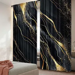 2Pcs Black Gold Marble Window Curtains Suitable For Bedroom Bathroom Living Room Window Drapes Gold Modern Design Art