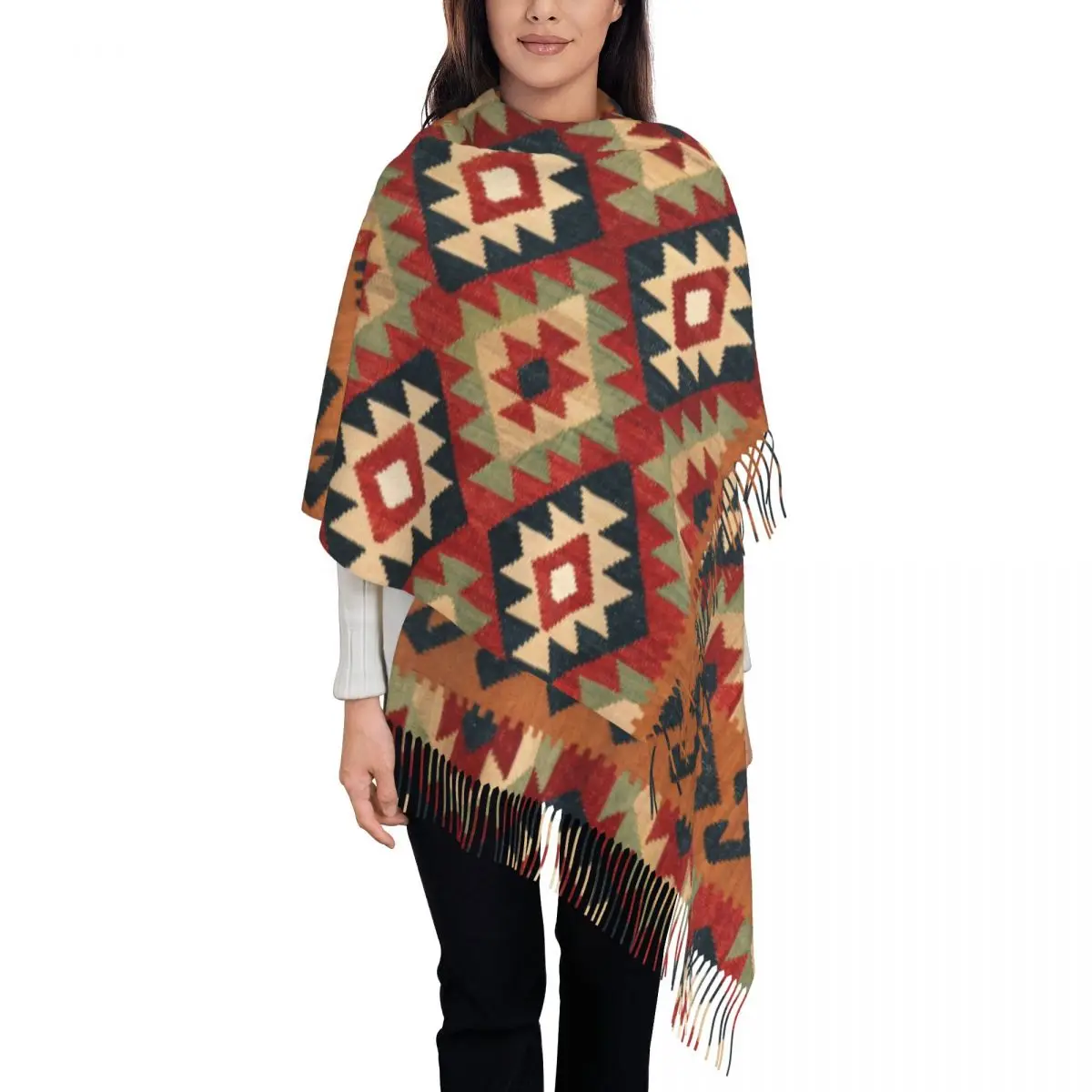 Stylish Vintage Turkish Kilim Tassel Scarf Women Winter Warm Shawls Wraps Bohemian Geometric Diamond Tribal Ethnic Art Scarves