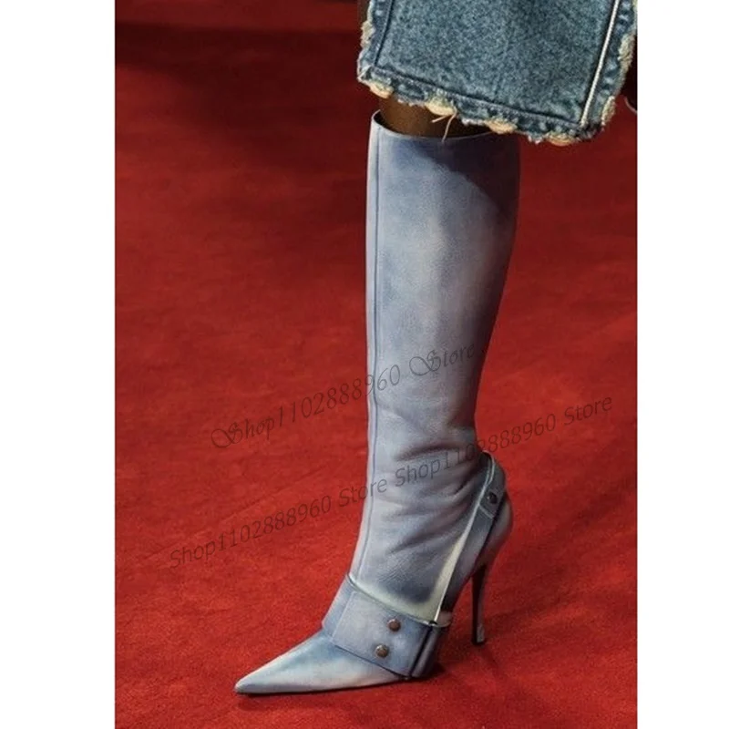 

Knee High Blue Belt Rivet Decor Boots Stilettos High Heel Women Shoes Side Zipper Pointed Toe 2023 Fashion Zapatos Para Mujere