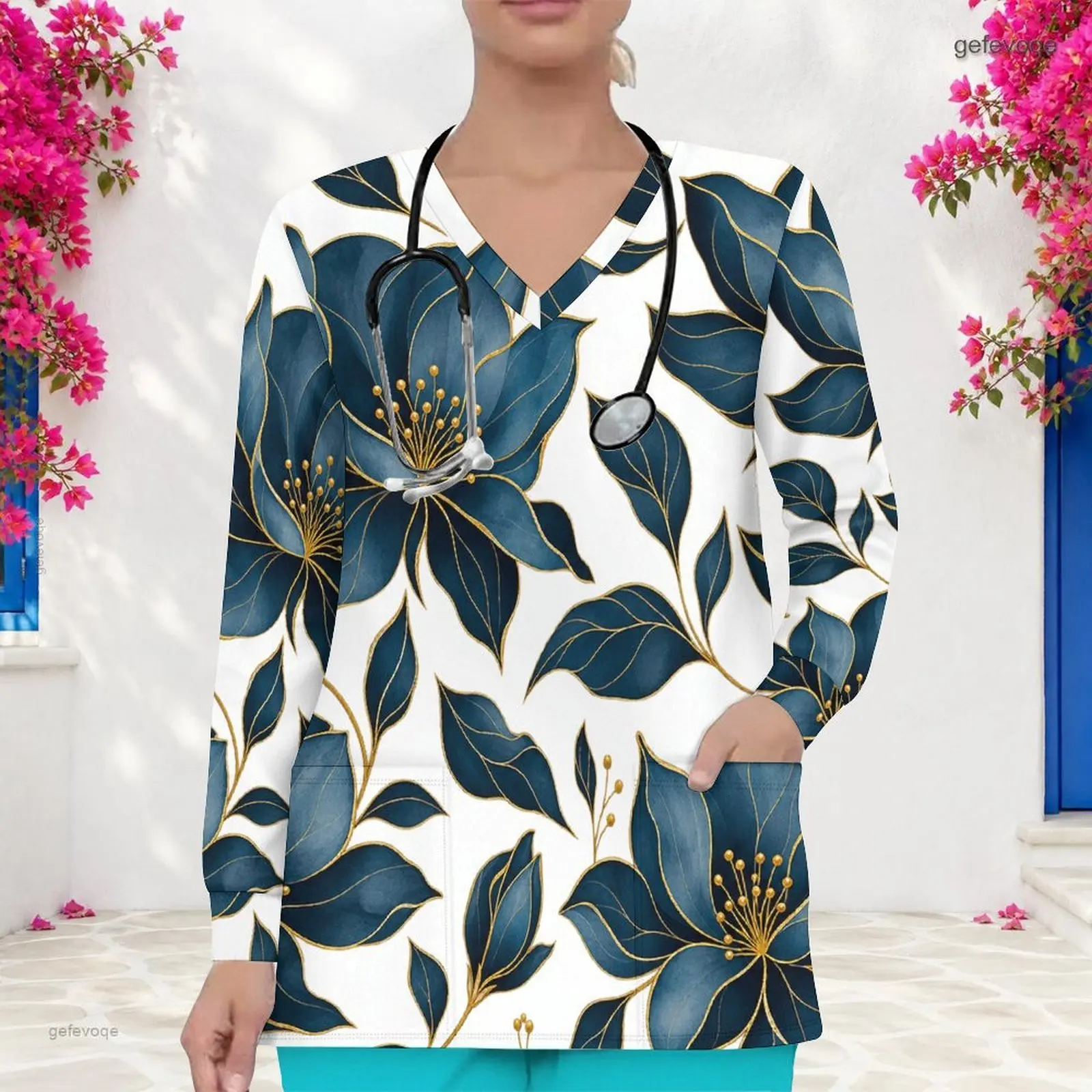 Women Printed V Neck Long Sleeve Teal Blue Floral Leaf Scrub Top with Front Pockets