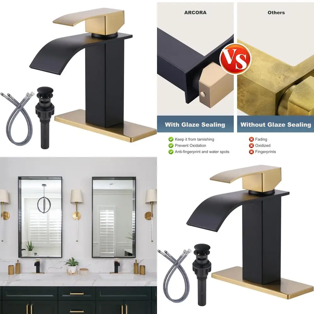 

Contemporary Black & Gold Single-Handle Waterfall Bathroom Sink Faucet with Pop-Up Drain, Deck Plate, Suitable for 1 or 3 Holes