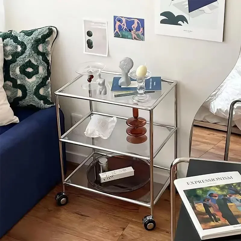 Modern Glass Three-Layer Shelf Stainless Steel Medieval Small Cart Home Furniture Movable Side Table Coffee Table Storage Table