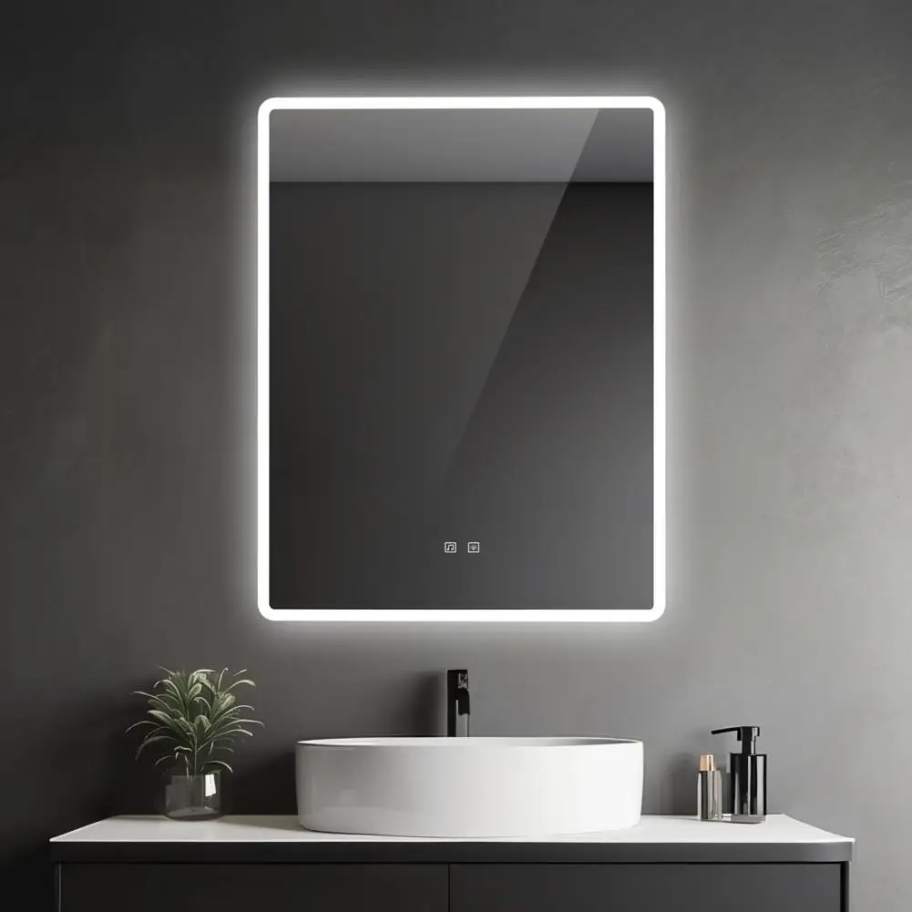 LED Lighted Smart Vanity Mirror Anti Fog Film Tempered Glass Wall Hanging Dual Wireless Speaker Bathroom Home Decor Mirror