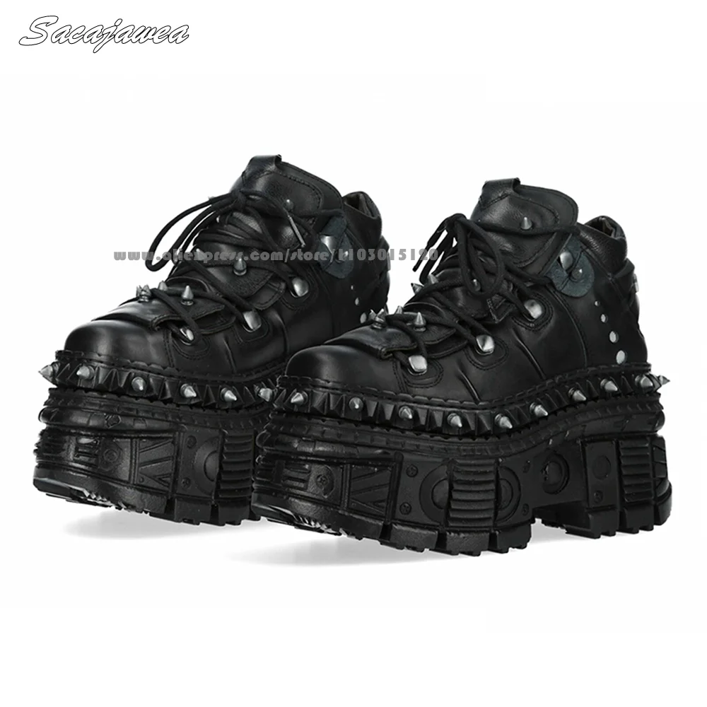 Koe splitleer metalen klinknagel dikke hak coole laarzen punkstijl front veterschoenen motorlaarzen ronde neus platform casual laarzen