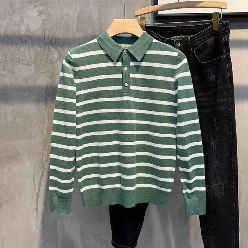 Top Knit Winter Tight Men's Clothing Slim Fit T Polo Shirt For Man Green Stripe High Quality Bulk Original Full Sleeve Luxury Xl