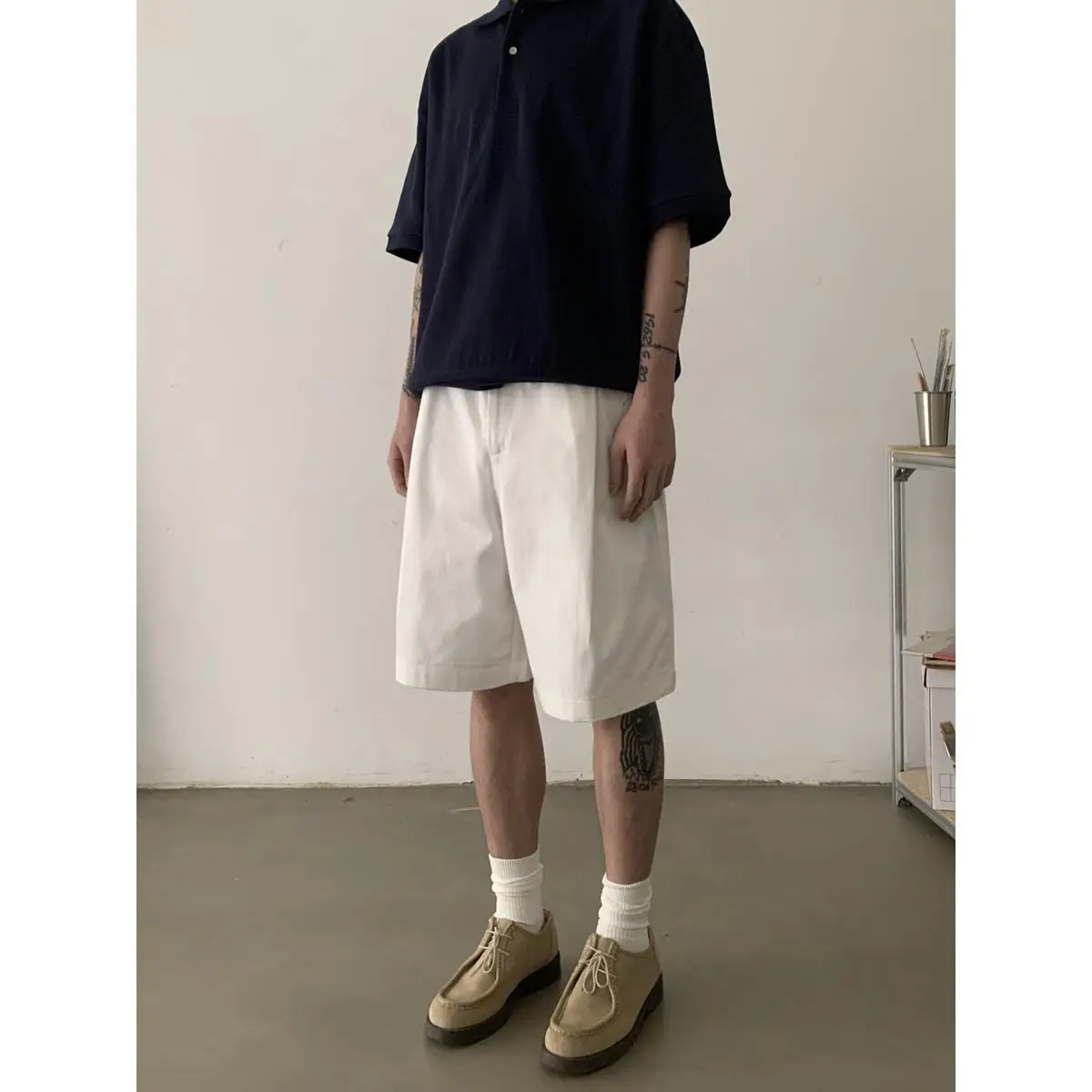 

Мужские летние повседневные плиссированные шорты в американском ретро-стиле, свободные, белые, с эластичным поясом, для города